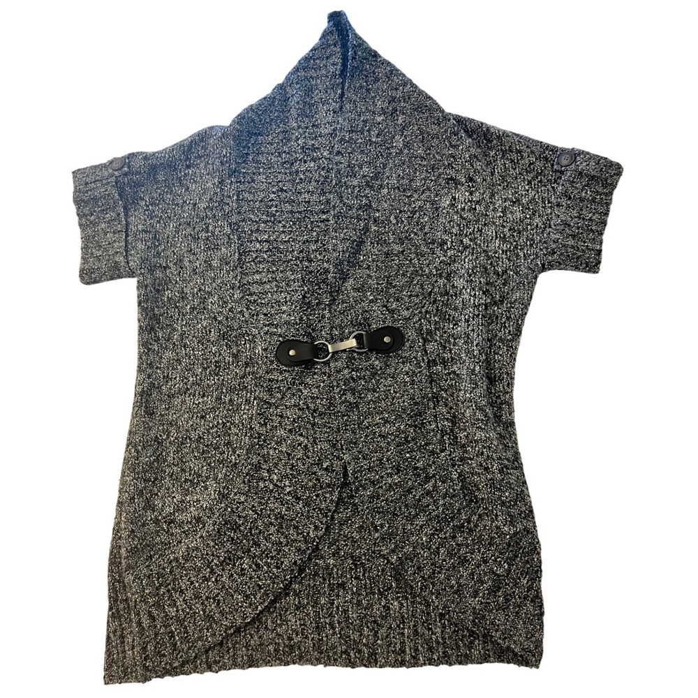 Dressbarn Womens Medium Marled Knit Short Sleeve Toggle Cardigan Sweater Black